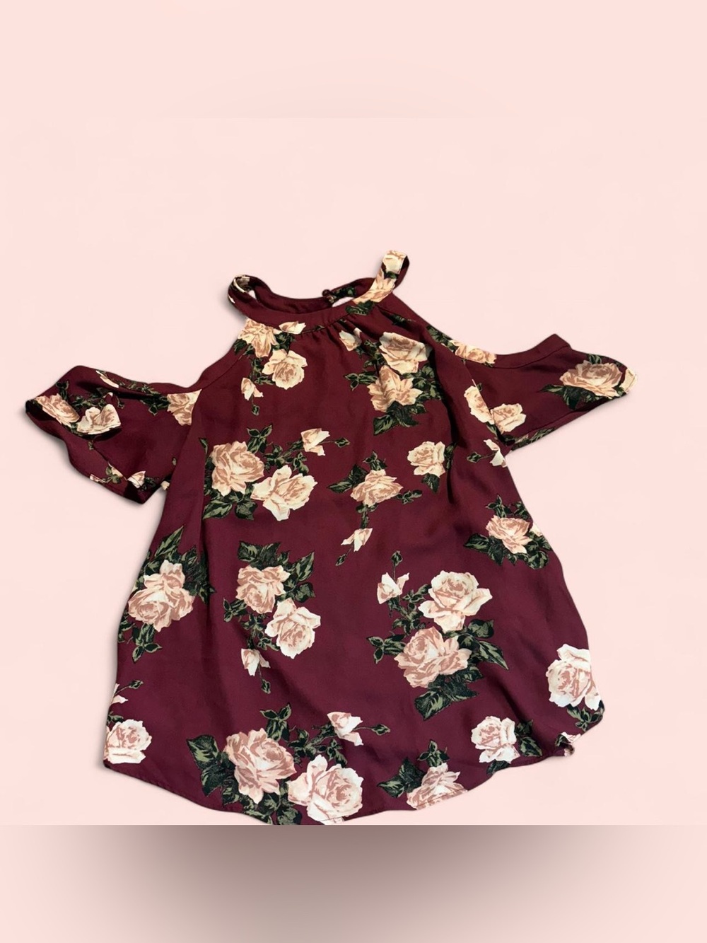 Iz Byer Burgundy Floral Cold Shoulder Business Casual Top!